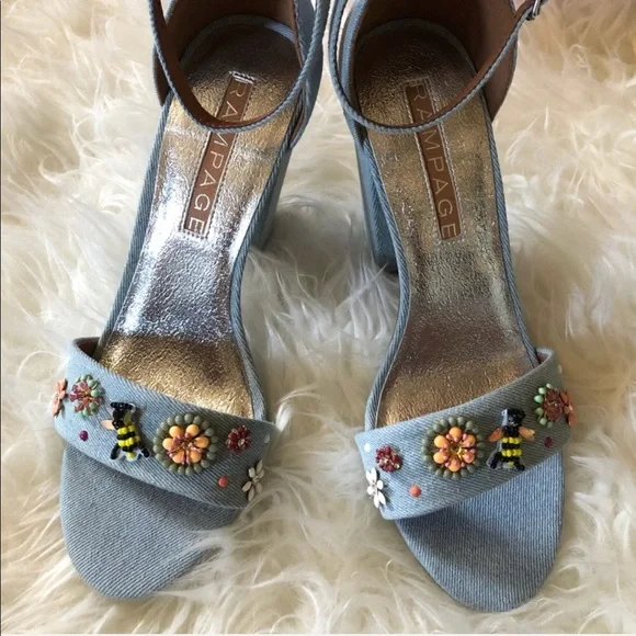Rampage denim block heels strap embellished bees